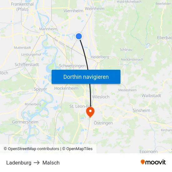 Ladenburg to Malsch map