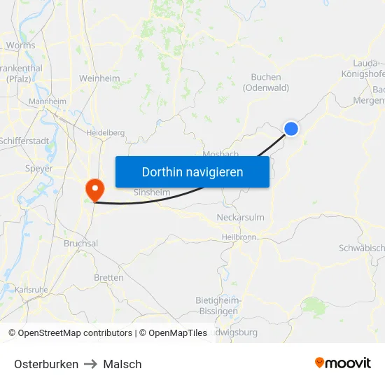 Osterburken to Malsch map