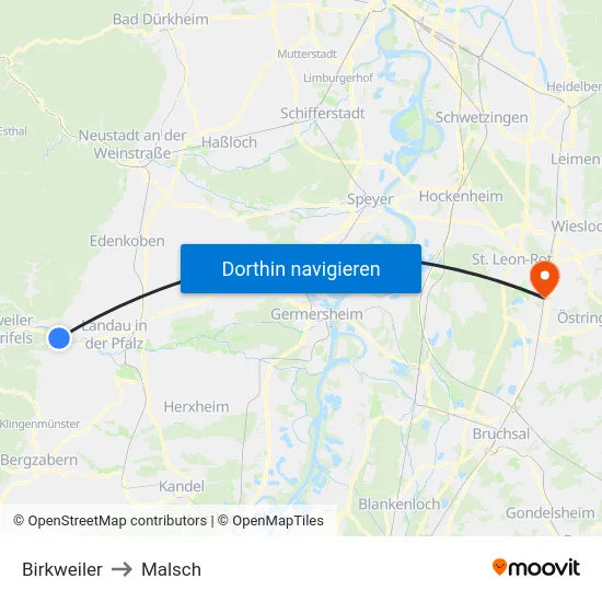Birkweiler to Malsch map