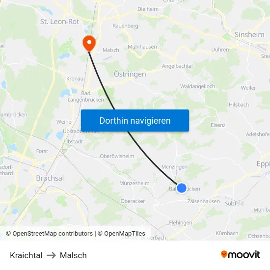 Kraichtal to Malsch map