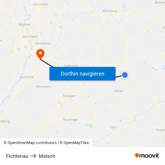 Fichtenau to Malsch map