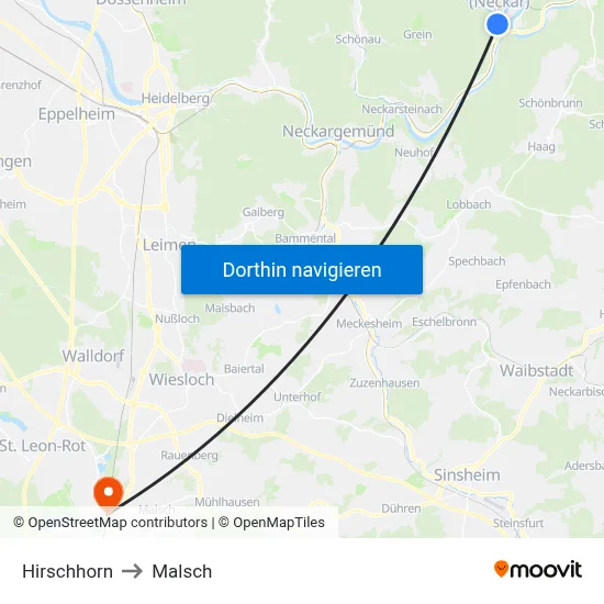 Hirschhorn to Malsch map