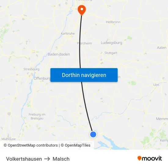 Volkertshausen to Malsch map