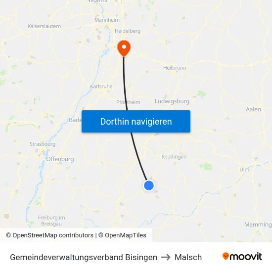 Gemeindeverwaltungsverband Bisingen to Malsch map