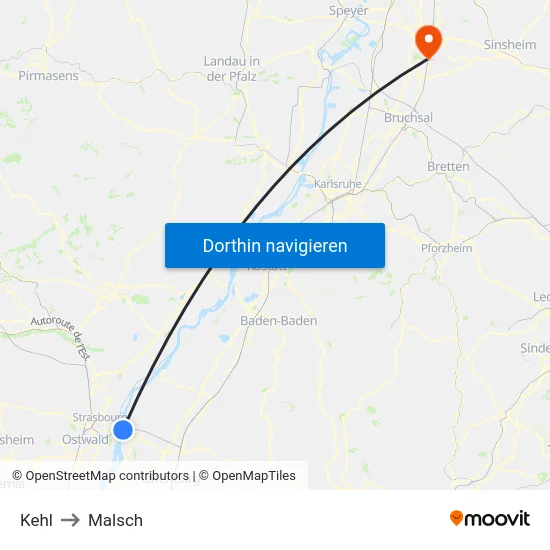 Kehl to Malsch map