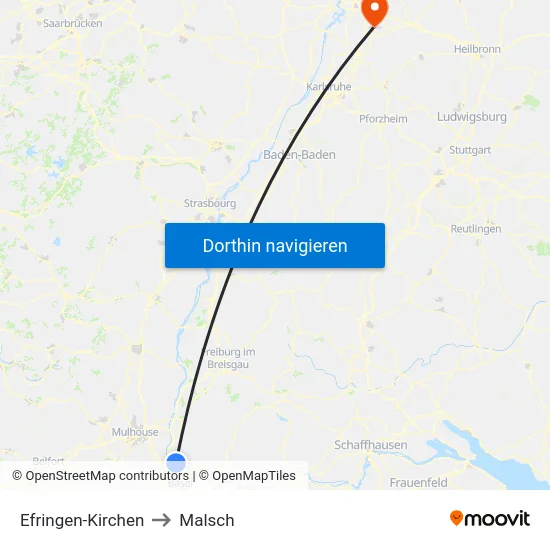 Efringen-Kirchen to Malsch map