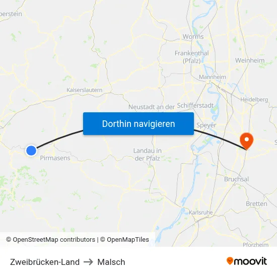Zweibrücken-Land to Malsch map