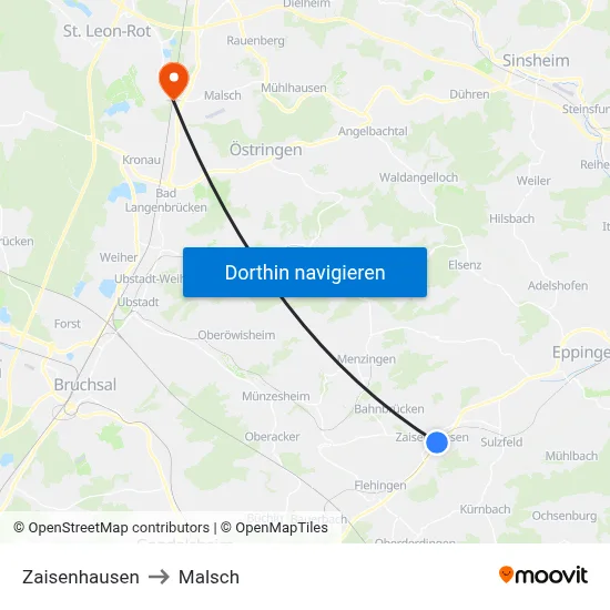 Zaisenhausen to Malsch map