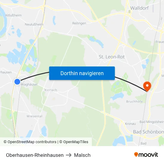 Oberhausen-Rheinhausen to Malsch map