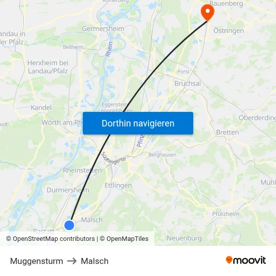 Muggensturm to Malsch map