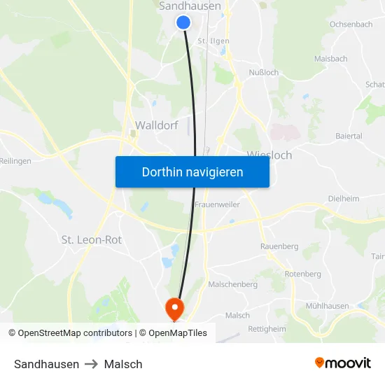 Sandhausen to Malsch map