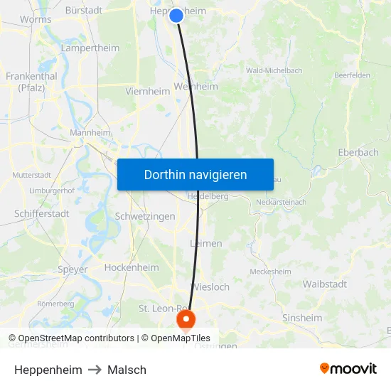 Heppenheim to Malsch map