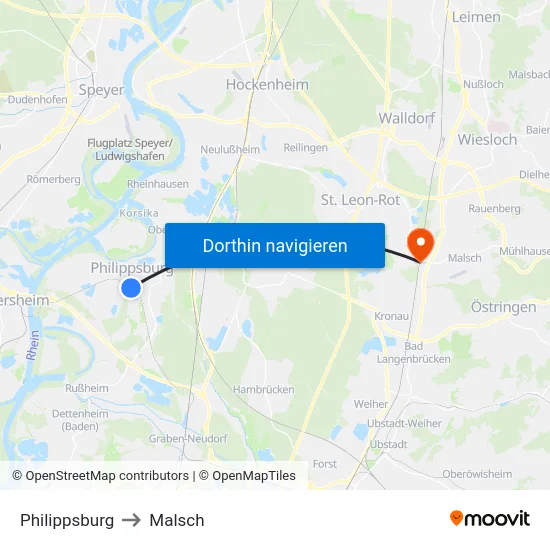 Philippsburg to Malsch map