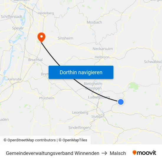 Gemeindeverwaltungsverband Winnenden to Malsch map