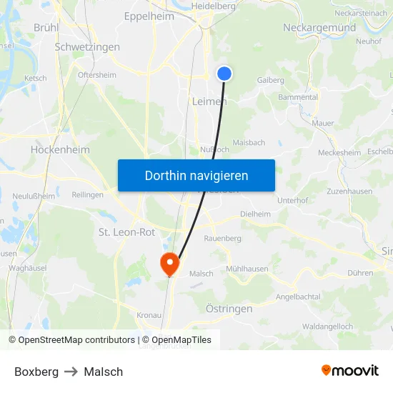 Boxberg to Malsch map
