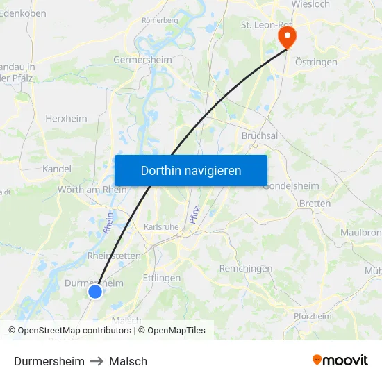 Durmersheim to Malsch map
