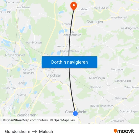 Gondelsheim to Malsch map