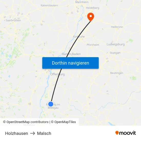 Holzhausen to Malsch map