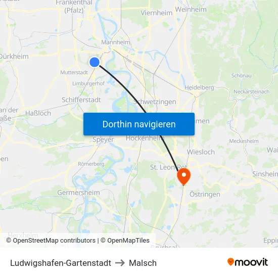 Ludwigshafen-Gartenstadt to Malsch map