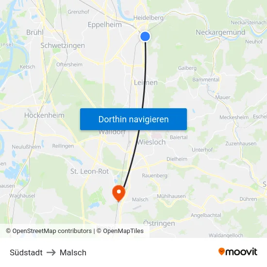 Südstadt to Malsch map