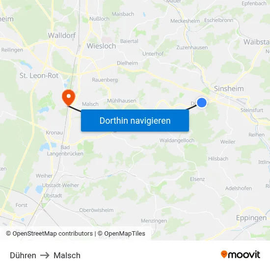 Dühren to Malsch map