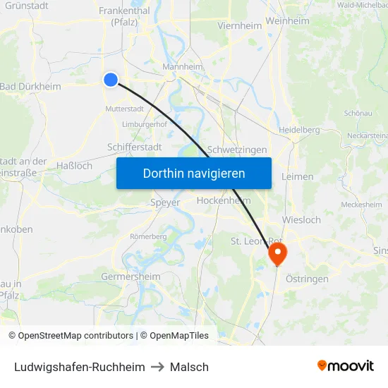 Ludwigshafen-Ruchheim to Malsch map