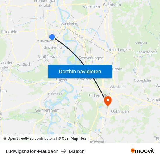 Ludwigshafen-Maudach to Malsch map