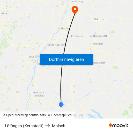 Löffingen (Kernstadt) to Malsch map