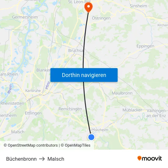 Büchenbronn to Malsch map