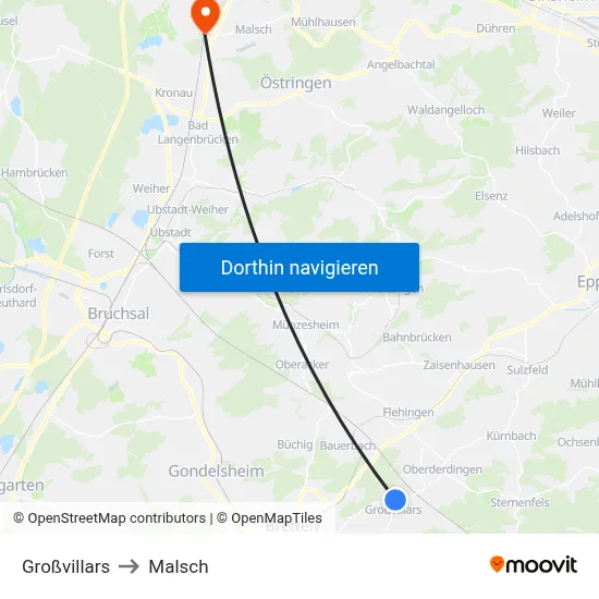 Großvillars to Malsch map