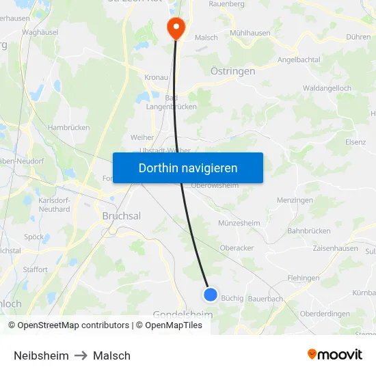 Neibsheim to Malsch map