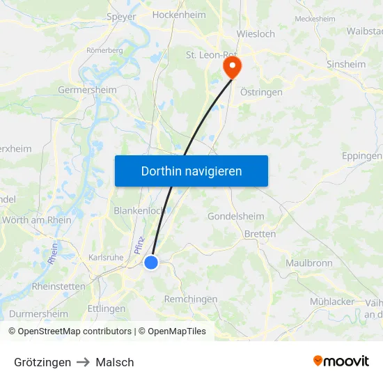 Grötzingen to Malsch map