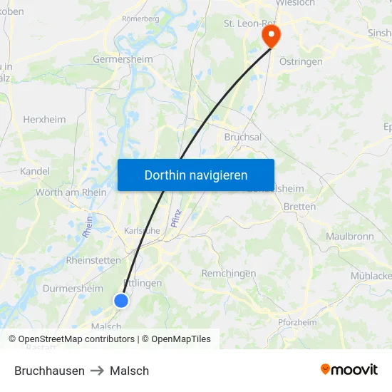 Bruchhausen to Malsch map