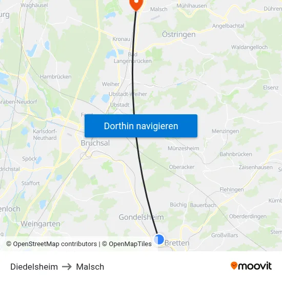 Diedelsheim to Malsch map