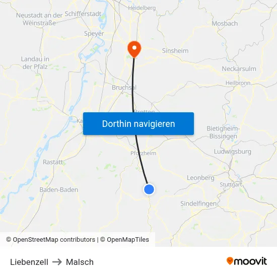 Liebenzell to Malsch map