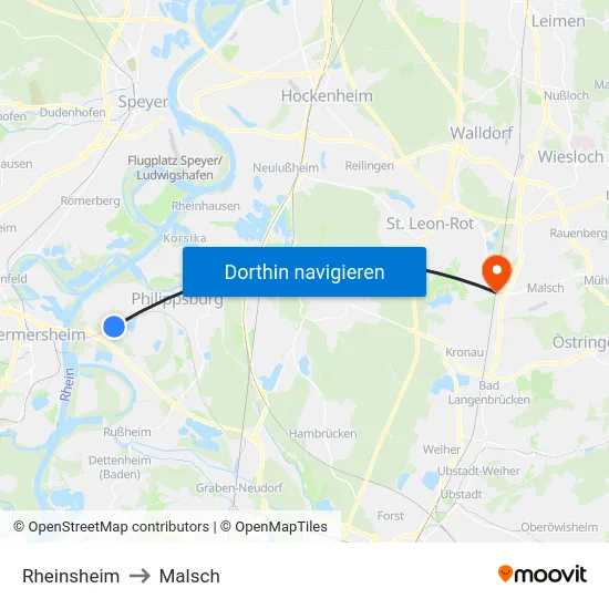Rheinsheim to Malsch map