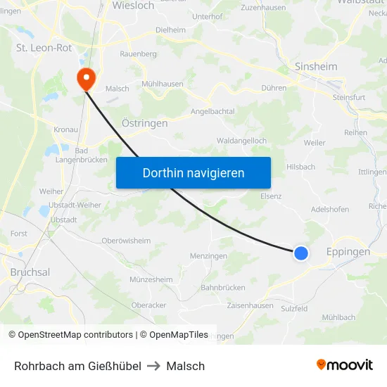 Rohrbach am Gießhübel to Malsch map
