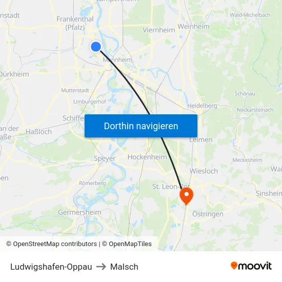 Ludwigshafen-Oppau to Malsch map