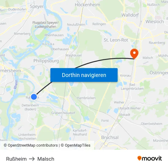 Rußheim to Malsch map