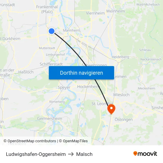 Ludwigshafen-Oggersheim to Malsch map