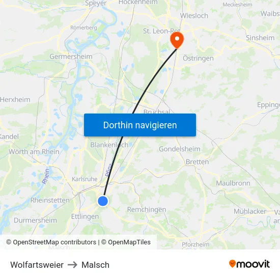 Wolfartsweier to Malsch map