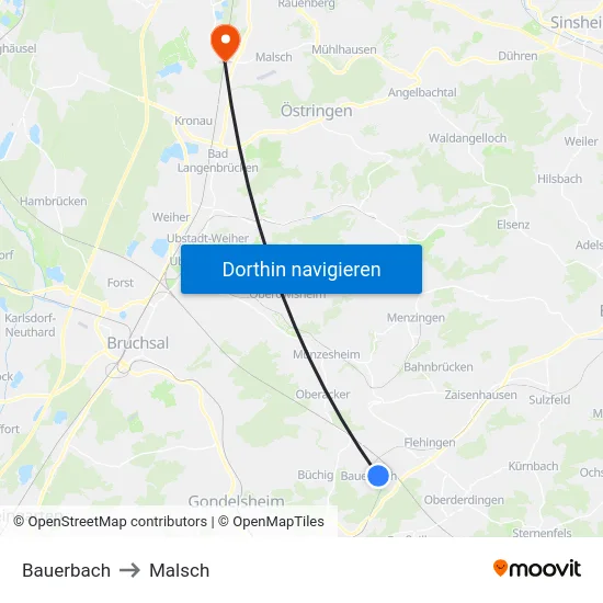 Bauerbach to Malsch map