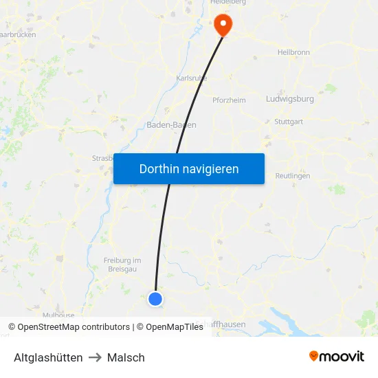 Altglashütten to Malsch map