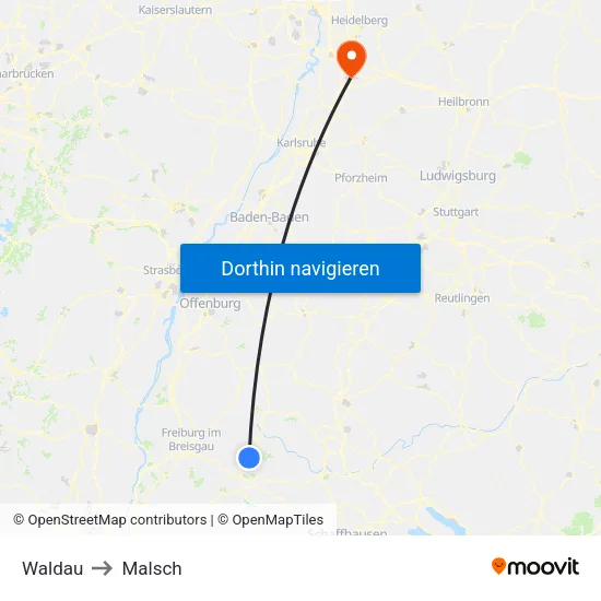Waldau to Malsch map