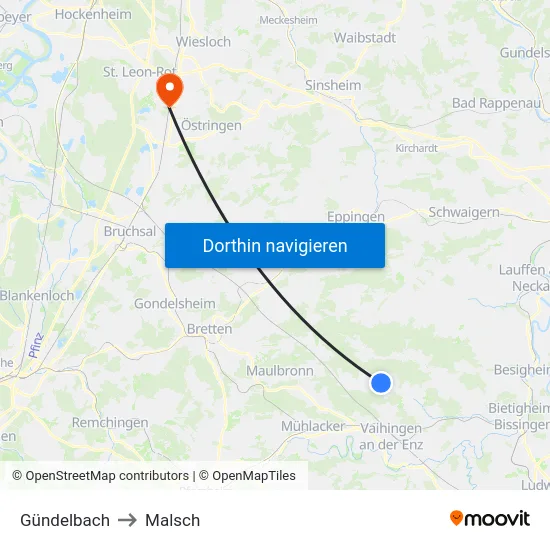 Gündelbach to Malsch map