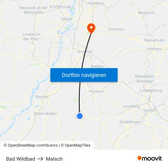 Bad Wildbad to Malsch map