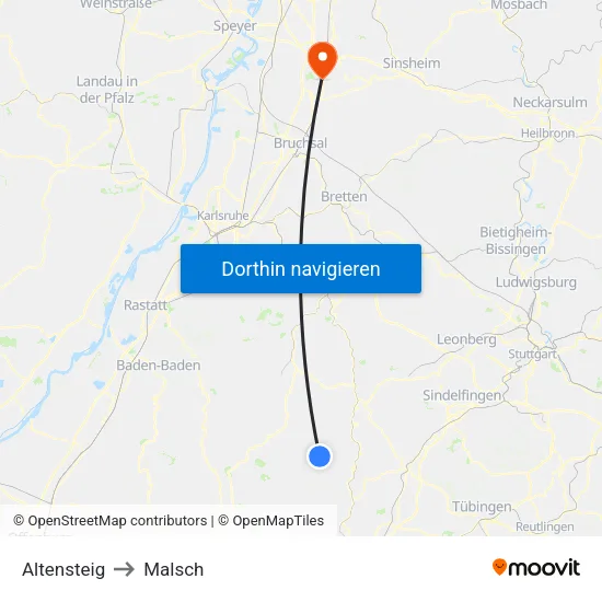 Altensteig to Malsch map