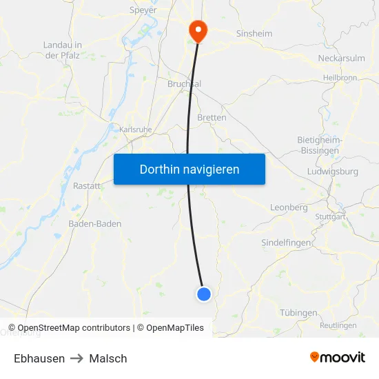 Ebhausen to Malsch map