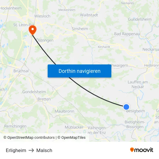 Erligheim to Malsch map
