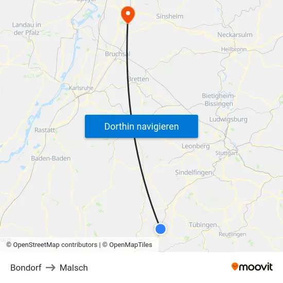 Bondorf to Malsch map